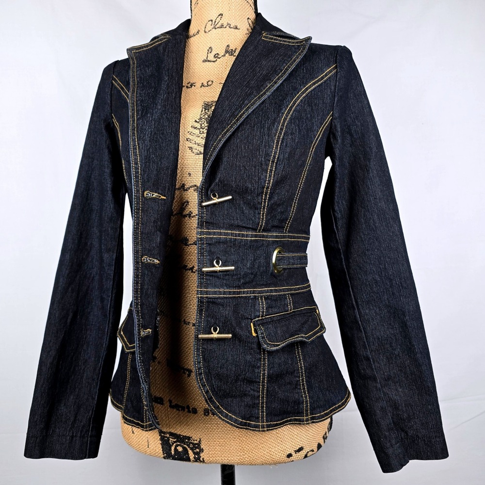 Cute Y2K Bisou Bisou Michele Bohbot Dark Wash Denim Toggle Blazer Jacket Small